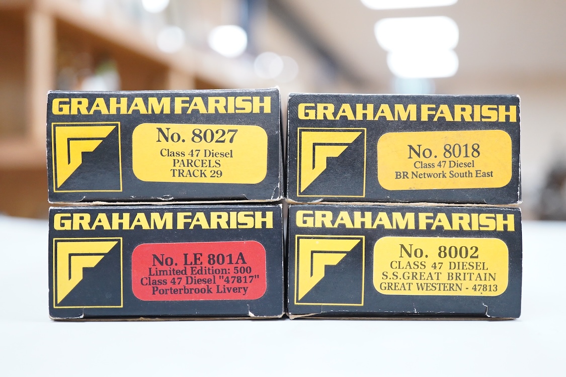 Four boxed Graham Farish N gauge railway Class 47 diesel locomotives; a Porterbrook, 47 817 (LE801A), a Network SouthEast, 47 582 (8018), a Great Western, SS Great Britain 47813, (8002) and a Parcels, Track 29 47479 (802